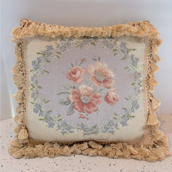 Vintage Floral Tapestry Accent Pillow Down Filled with Tassels - Picture 2 of 6